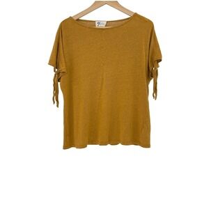 Andrea Jovine Cold Shoulder Tie Slv Mustard‎ Yellow 100% Linen Blouse Sz M Boho